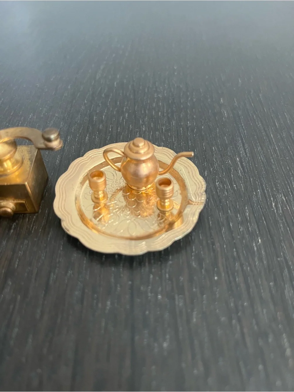 Miniature Brass Dollhouse Accessories Clock, Tea Set, Grinder, Scale, Drum Set
